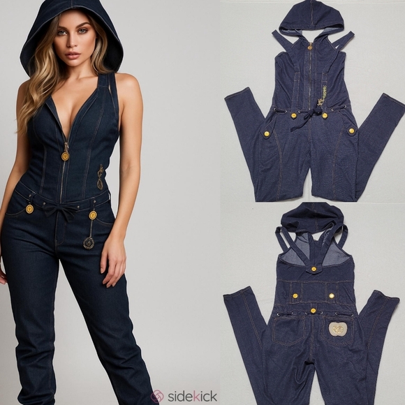 Apple Bottoms Pants - Rare Vintage Y2K Apple Bottom Jeans Hooded Halter Half-Zip Tie-Waist Jumpsuit L